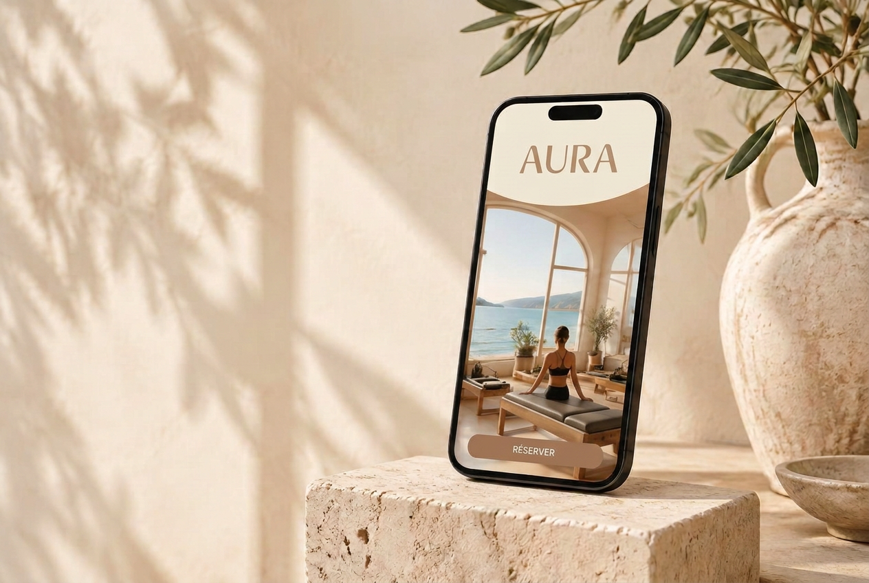 Téléphone présentant l’application AURA dans un studio lumineux